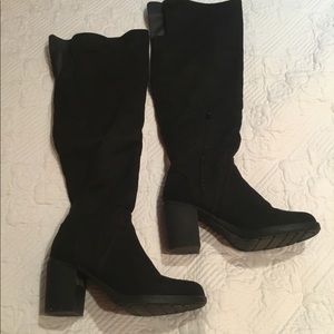 Black suede knee high heeled boots